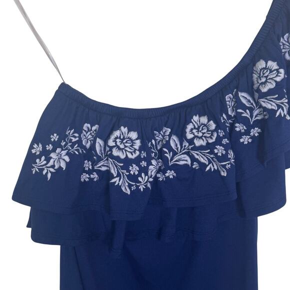 ALYA Blue One Shoulder Floral Embroidered Ruffle Top Peasant Boho Blouse Sz S - Picture 2 of 10